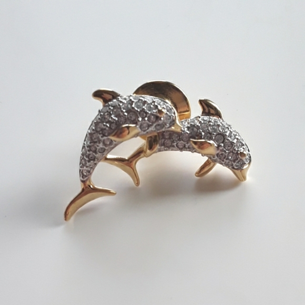 Swarovski Dolphins Brooch Silver And Gold With Sparkling Accents Women's Jewelry